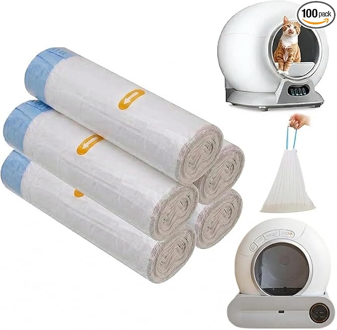 100-Pack Thickened Automatic Litter Box Bags, Compatible with PetCova, DuckSky,MeoWant,Leak-Proof Pet Waste Bag Liners with Drawstring, Heavy Duty Self-Cleaning Litter Box - 18" x 20",litter box