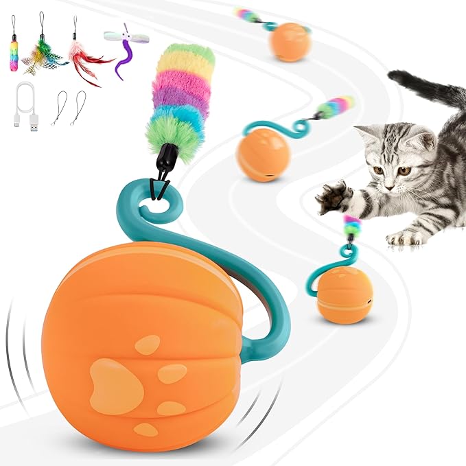 Interactive Cat Ball Toy for Bored Indoor Kitten, Automatic Moving Cat Ball with 4 Feather & LED Flash Lights, Smart Sound and Touch Control, USB-C Rechargeable