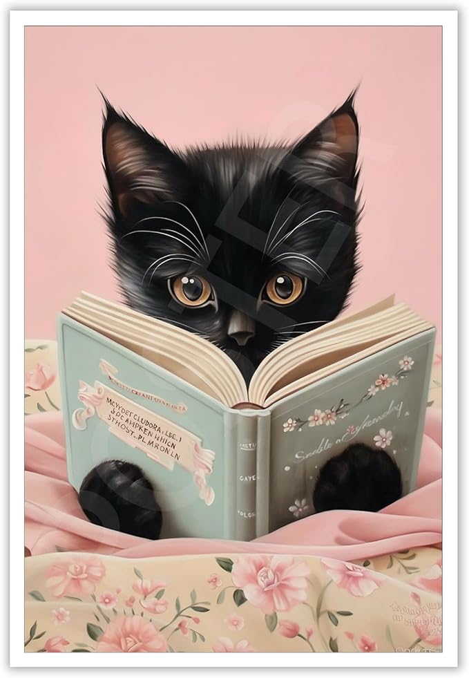 Vintage Cat Canvas Wall Art Funny Cute Cats Reading Books Poster Retro Pink Flower Abstract Animal Aesthetic Prints Painting For Girls Room Bedroom Kids Room Dorm Wall Decor 24x36in Unframed