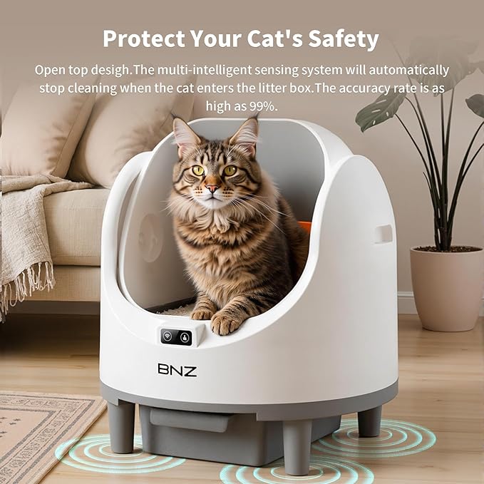 BNZ Self Cleaning Litter Box – Automatic Cat Litter Box for Multiple Cats | App Control, Safety Sensors, Open Top Design | Includes Scent Cartridge & Trash Bags