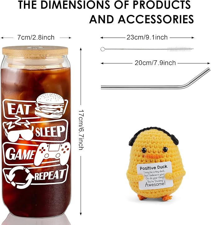 Joeyan Glass Cup with Lid and Straw, 20oz Iced Coffee Cup with Positive Crochet Duck, Gamer Gift for Men, Video Game Themed Tumbler for Smoothie Boba Tea, Funny Gaming Gift for Boyfriend, Son, Gamers