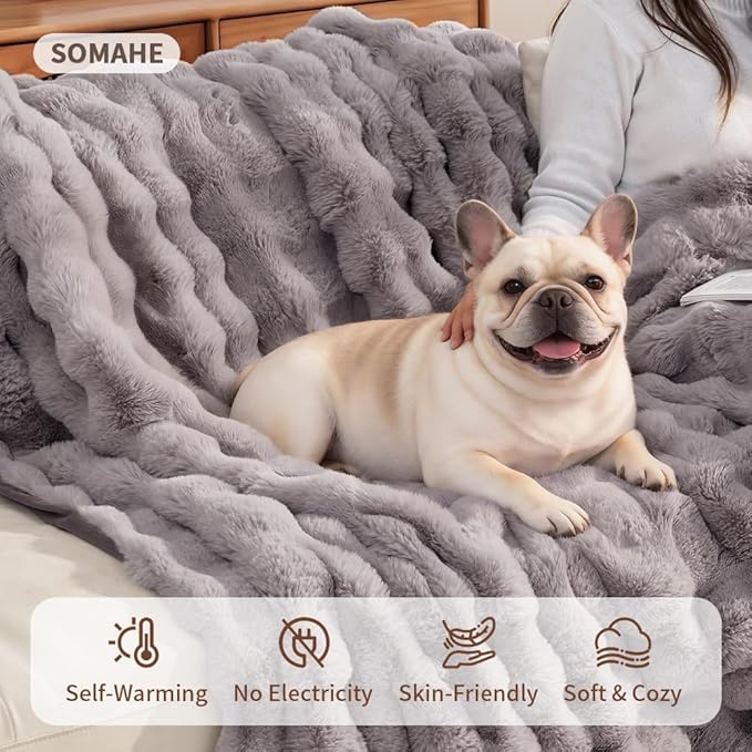 SOMAHE Self-Warming Cat Blanket for Indoor Cats & Small Dogs, Dual-Side Sherpa Plush Throw, Anti-Static Shared Couch Mat for Crate & Travel, Machine Washable No Shrink, 28x22 Inch Gray