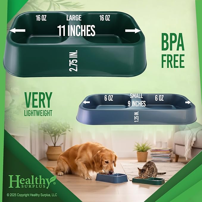 Lightweight BPA-Free Pet Feeder Bowl - Double Dish for Dog & Cat Food & Water | Durable Plastic, Easy Clean, Made in USA (Gray, Small)