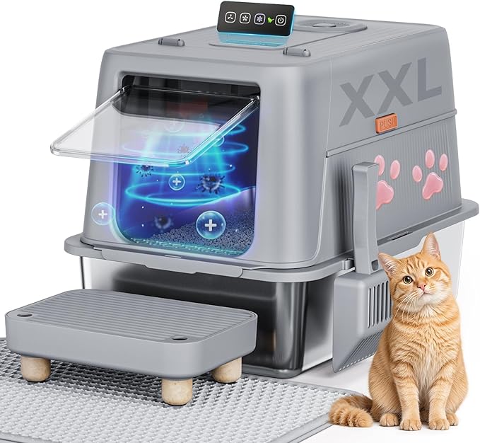 GTPLAYER XXL Stainless Steel Cat Litter Box with Lid, Smart Odor Control Enclosed Litter Box for Cats, Infrared Sensor Auto Pause, Non-Stick Anti-Leak High-Sided, with Mat, Scoop & Step, Pinky Paws