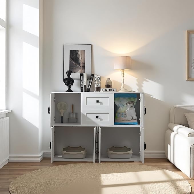 Spacious Wooden Double Cat Litter Cabinet with Drawers for Two Cats, Indoor Dog-Proof Cat House with Dual Compartments, 47.6 Inch Modern Privacy Litter Box Furniture (White)