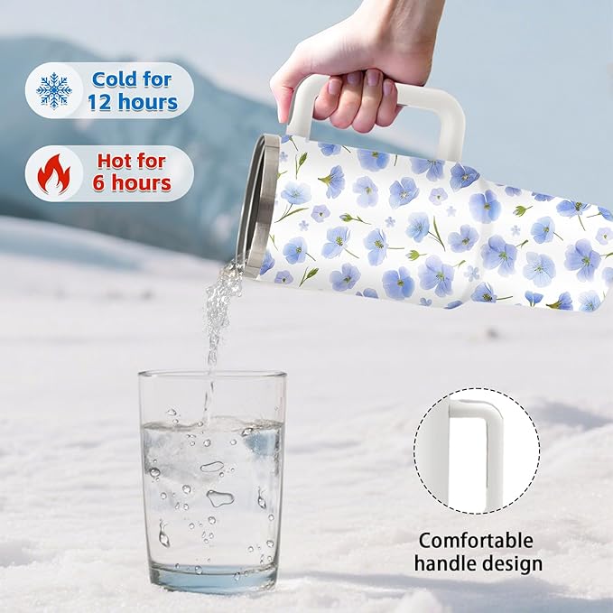 Aesthetic Blue Flower Themed Tumbler 40oz with Handle and Straws, Leak - proof, Stainless Steel Insulated Travel Coffee Mugs for Women, Gifts Birthday Cup
