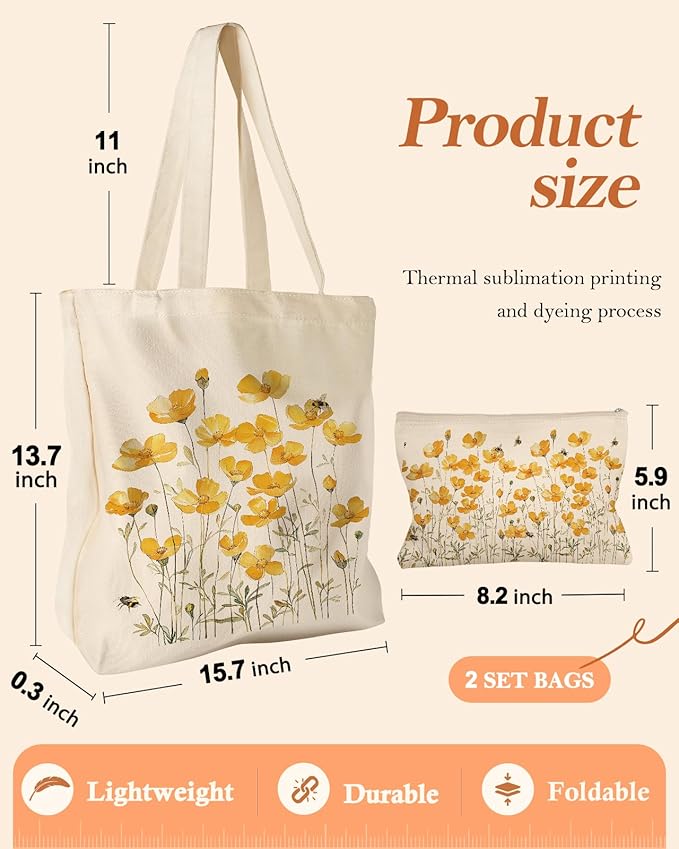 Miss Adola Aesthetic 2 Pack Canvas Tote Bag - with Makeup Zipper Pouch for Women Bag for Shopping, Gym, Travel, Vacation