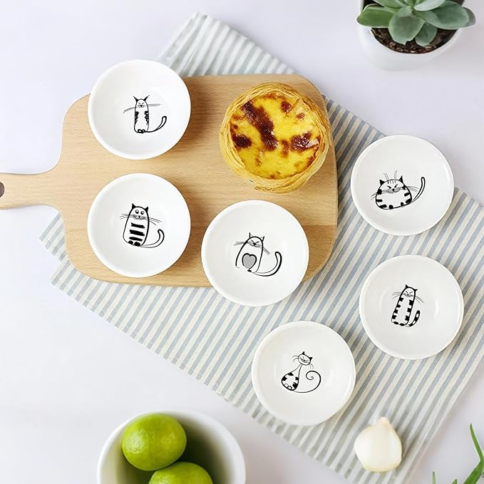 BigNoseDeer Super Cute Cat Ceramic Sauce Dish,Mini Side Seasoning Dish,Condiment Dishes,Sushi Soy Dipping Bowl,Snack Serving Dishes,Meow Porcelain Small Saucer Set(Set of 6)