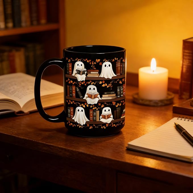 Halloween Cute Ghost Reading Coffee Mug, 15oz Black Ceramic Novelty Tea Cup, Spooky Halloween Ghost & Book Themed Mug for Book Lovers & Readers, Fun Festive Bookish Gift for Women, Men & Coworkers