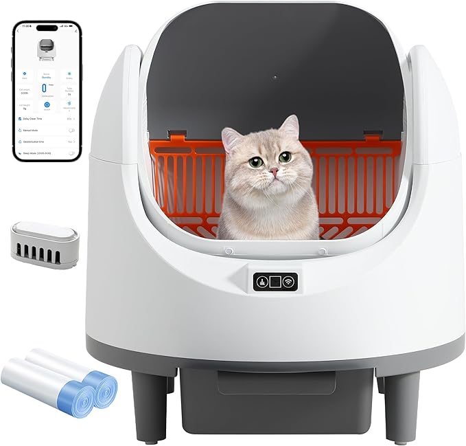 Grepatio Automatic Cat Litter Box for Multiple Cat, Open-Top Self Cleaning Cat Litter Box with APP Control, Safe Anti-Pinch, Weight Monitoring, Litter Box Include Scent Cartridge, 2-Roll Garbage Bags