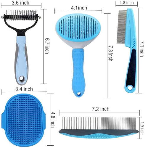 5-in-1 Pet Grooming Kit with Self-Cleaning Slicker Brush for Dogs & Cats, Includes Undercoat Rake, Dematting Comb, Fine-Tooth Flea Comb, and Massage Bath Brush - Complete Grooming Solution