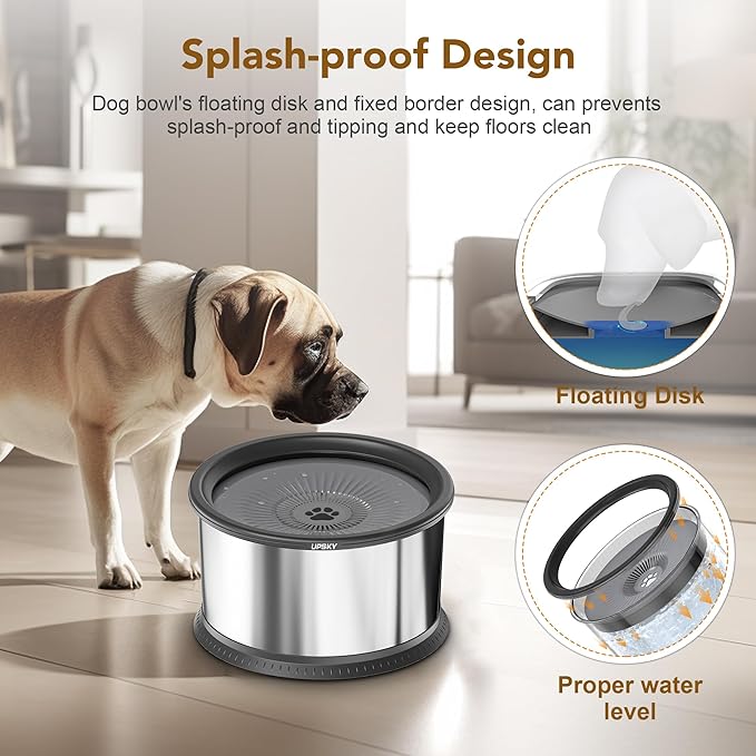 UPSKY 2.5L Dog Water Bowl, No Spill Dog Water Bowl, Stainless Steel Spill Proof Slow Water Feeder,No Splash Water Bowl with Anti-Slip Mat for Messy Drinkers Grey, D.2.5L