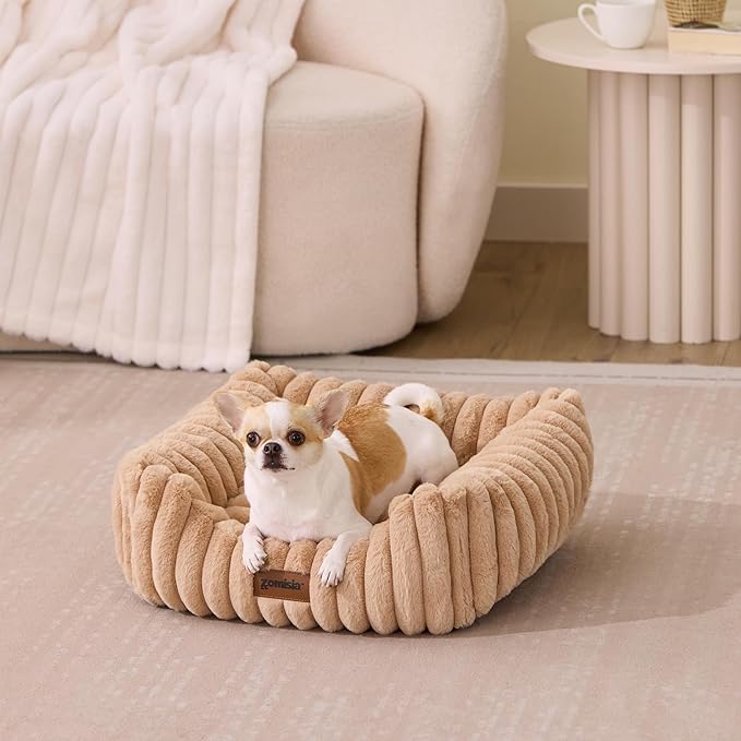 ZOMISIA Small Dog Beds for Small Dogs - Washable Cat Beds for Indoor Cats, Rectangle Orthopedic Puppy Bed with Fluffy Removable Cover, 20x19x7inches, Camel