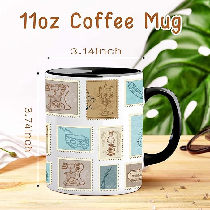 Book Lover Mug 11 oz, Vintage Postage Stamp Design, Unique Bookish Gifts for Women, Library Theme, Collectible Novelty Coffee Cup for Readers, Writers