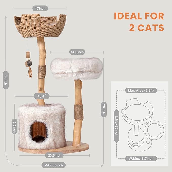 PEGIC Cat Tree Tower for Cats with Two Real Branches, 44 Inch Wood Modern Cat Tower with Luxury Cat Condo, Cat Scratching Post, Jumping Platforms, Cat Furniture (Long Plush)