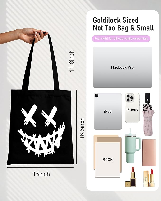 DYALE Canvas Tote Bag Double-Sided Prints with Snap Closure, Cute Tote Bag with Pocket for Shopping, Library, Work, Travel