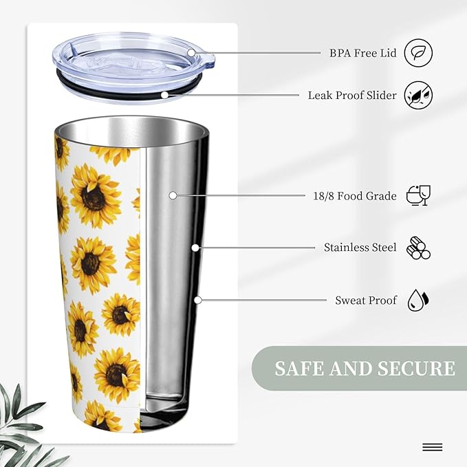 Sunflower Tumbler 20oz Floral Stainless Steel Insulated Tumblers with Lid and Straw Yellow Flowers Travel Coffee Mug Tea Wine Cups Water Bottle Sunflower Gifts for Women