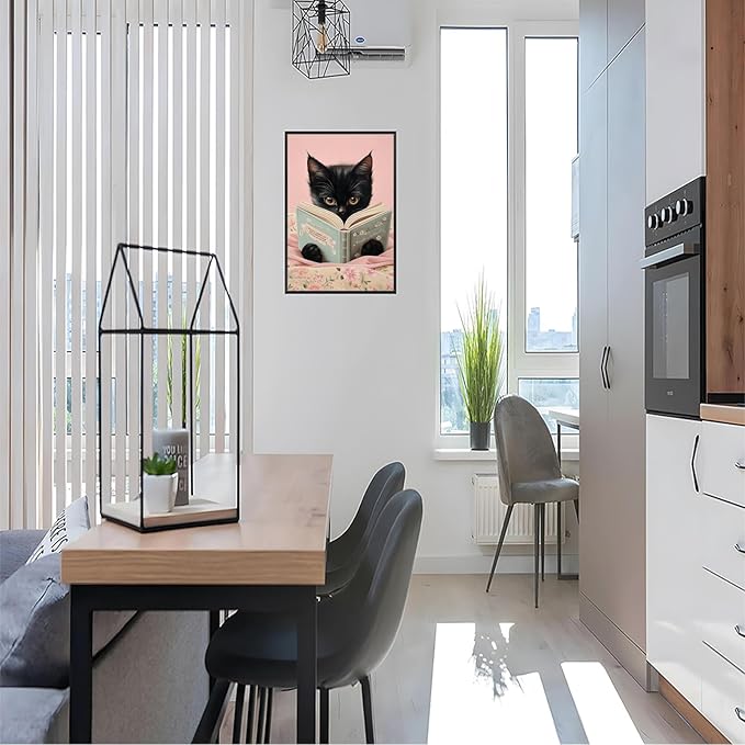 Vintage Cat Canvas Wall Art Funny Cute Cats Reading Books Poster Retro Pink Flower Abstract Animal Aesthetic Prints Painting For Girls Room Bedroom Kids Room Dorm Wall Decor 24x36in Framed