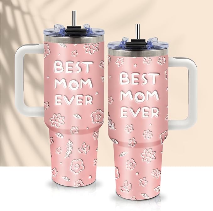 40oz Best Mom Tumbler with Handle and Straw, Leak-proof Insulated Travel Coffee Mug, Best Mom Ever Gifts for Women, Christmas Birthday Mothers Day Present from Daughter Son