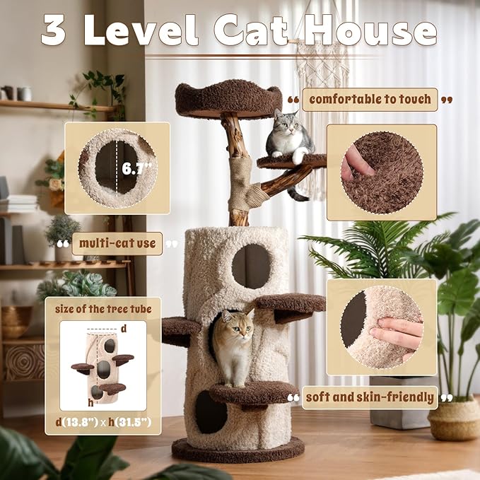 Modern Cat Tree for Indoor Cats,54.7'' Tall Luxury Treehouse Cat Tower with Wood Scratching Posts for Decoration,3 Level Condo with Soft Perchs,Viewing Bed,Heavy Duty Wide Base for Small Large Cats