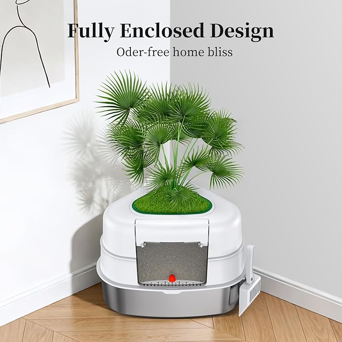 XXL Stainless Steel Corner Cat Litter Box with Lid, Enclosed Hidden Plant Litter Box with Artificial Plant, Easy-Clean Covered Decorative Litter Box for Large Cats, White