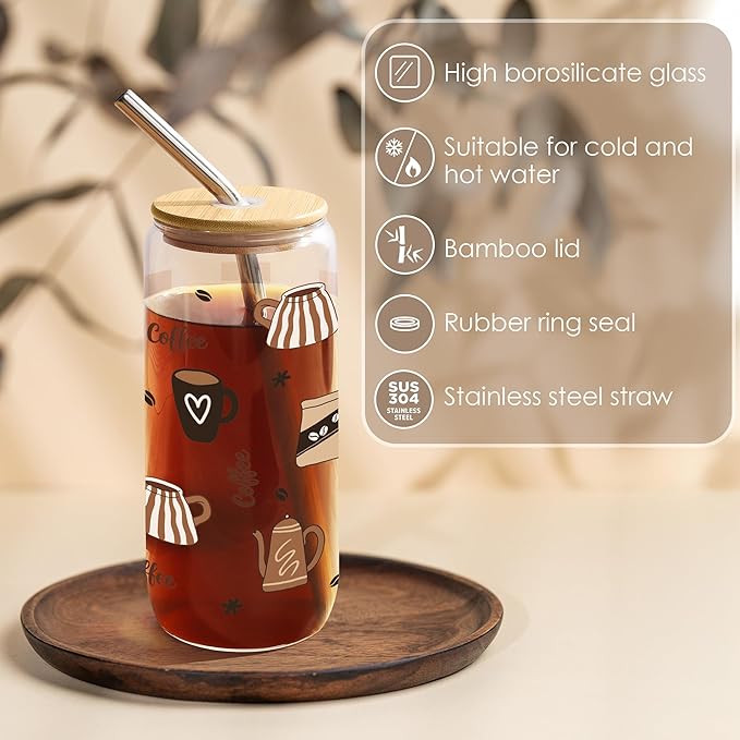 Joeyan Glass Cup with Lid and Straw - 20oz Iced Coffee Cups with Positive Crochet Coffee Mug Doll, Funny Coffee Gifts for Women, Coffee Lover Tumbler for Smoothie Boba Tea, Espresso Gift for Her