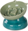 Slow Feeder Cat Bowl, Ceramic Cat Slow Feeder,Elevated Anti Vomiting Whisker Friendly Tilted Design,for Dry and Wet Food,Dishwasher Safe (Green)