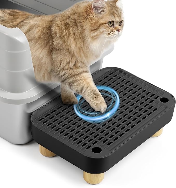 Cat Litter Box Step Ramp, Cat Litter Catcher Mat with Wooden Feet, Filter Function, Pedal Stool for Self-Cleaning Litter Box, Ideal for Kitten & Elderly Cats (Black)
