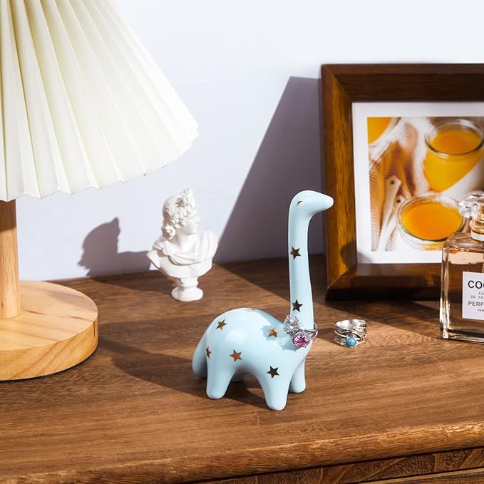 PUDDING CABIN Blue Dinosaur Ring Holder Engagement Wedding Ring Stand, Rings Oragnizer, Mothers Day Christmas Birthday Gifts for Women, Dinosaur Decor