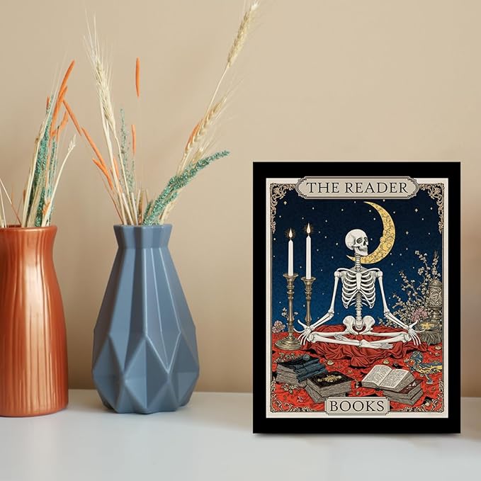 The Homebody Tarot Card Wall Art, Funny Skeleton Meditating Posters, Book Lovers Gifts, Vintage Canvas Framed Prints Room Aesthetic, Whimsical Decor for Living Room Entryway Bedroom Book Shelf