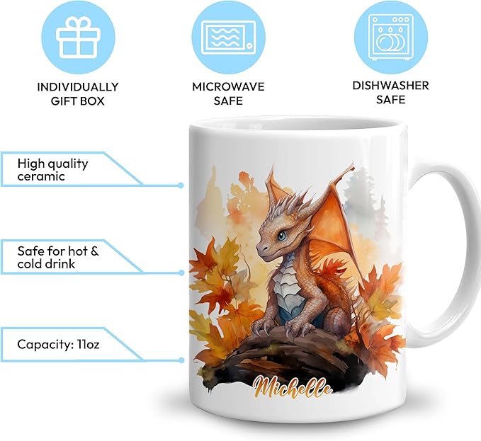Hyturtle Personalized Fall Dragon Maple Leaves Coffee Mug - Birthday Gifts For Dragon Lovers - Fall Autumn Decor Gifts For Farmhouse Thanksgiving - Custom Name 11oz White Ceramic Coffee Tea Mug