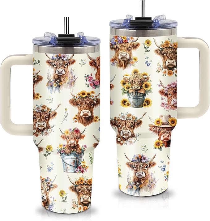 Highland Cow Gifts - Yak Tumbler 40oz with Handle and Straws, Leak-proof, Stainless Steel Insulated Coffee Mugs for Western Farm Lovers Cups, Highland Cows Drinking Water Bottle