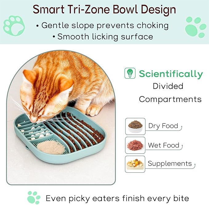 Slow Feeder Dog Bowl for Medium & Small Pets, Anti Choking Pets Slow Feeder with 3-Zone Puzzle Design, Wet Food Silicone Cat Bowl with Non-Slip Base, Dishwasher Microwave Safe(Green, 1.5 Cup)