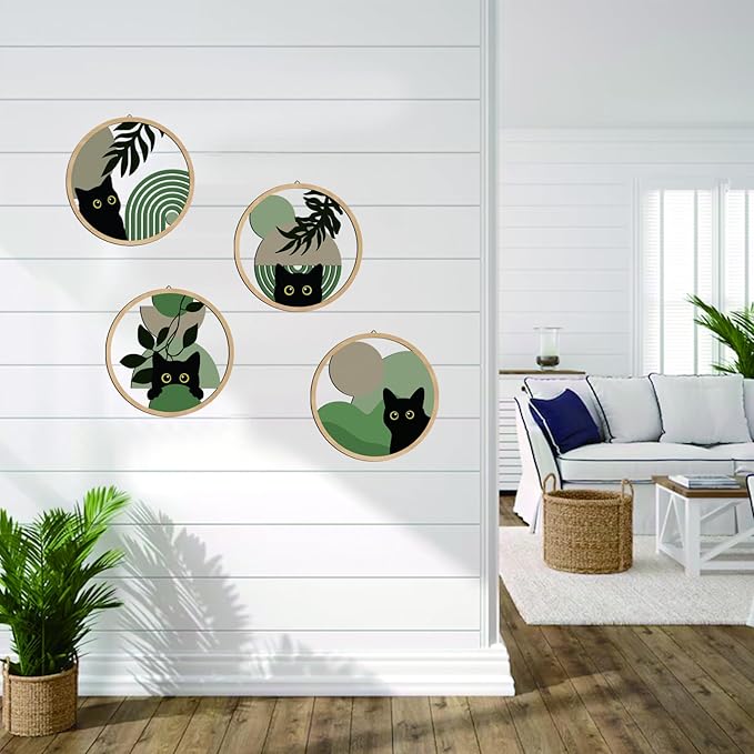 Sage green Cat Wall Art Sage green C at Room Decor Aesthetic, 4-Piece Farmhouse Geometric Wooden Black Cat Wall Decor Mid-Century Bohemian Moon Sun Design for Nursery, Bedroom Ca t Lover Gifts