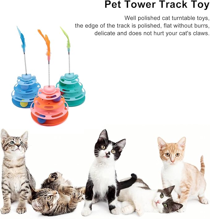Cat Ball Track Toys, Creative Feather Toy, consisting of 3 Balls and a Feather Stick, Tower-Shaped cat Intelligence Toy, Suitable for Chasing Games with Kittens. (Blue)