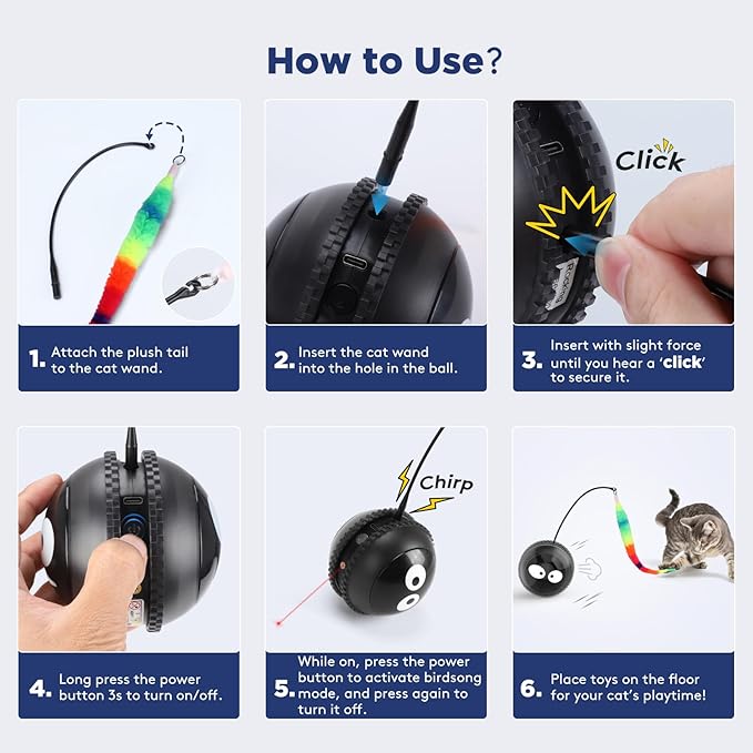 Cat Toys for Indoor Cats, Innovative Interactive Cat Toy Ball with Bird Chirping, USB Rechargeable Automatic Exercise Rolling Cat Toy for Bored Indoor Adult Cats Kittens, Black