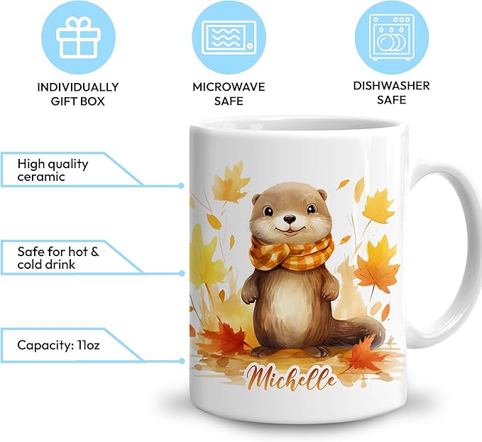 Hyturtle Personalized Fall Otter Maple Leaves Coffee Mug - Birthday Gifts For Otter Lovers - Fall Autumn Decor Gifts For Farmhouse Thanksgiving - Custom Name 11oz White Ceramic Coffee Tea Mug