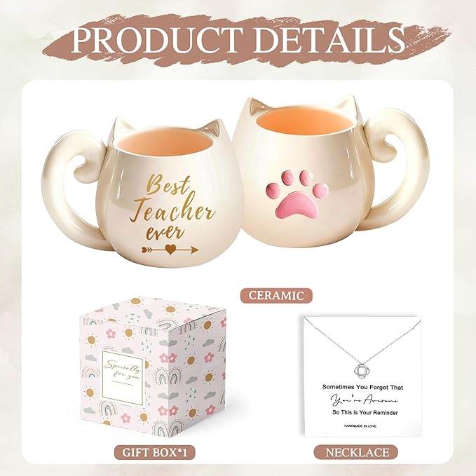 Best Teacher Ever Coffee Mug for Women，11 Oz Ceramic Cup with Exquisite Necklace for Retirement, Valentine's Day, Graduation, Christmas,Thank You Birthday End of Year