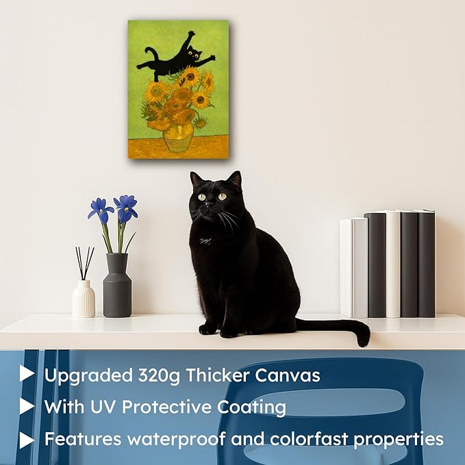 Madewell Living Van Gogh-Style Cat Art - Funny Black Cat in Sunflowers Print, Wall Art (8x10 inch) - Ready to Hang, Waterproof Living Room & Bedroom Decor
