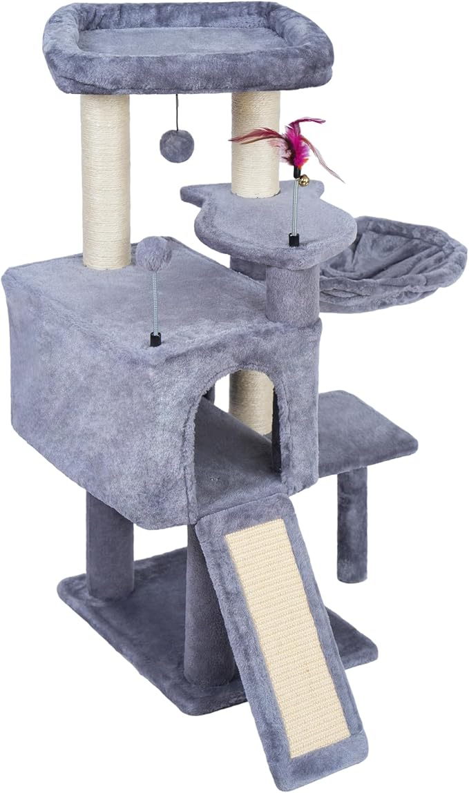 AIWIKIDE 35.4'' Multifunction Cat Tree with Cozy Hammock & Hanging Ball, Cat Tower with Activity Cat Condo & Jute-Covered Scratching Posts, Grey