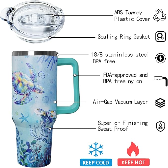 Ceovfoi 40 Oz Sea Turtle Tumbler with Handle Lid and Straw,Double Wall Vacuum Stainless Steel Watercolor Ocean Turtle Cup,Water Bottle,Travel Coffee Mug,Hawaiian Sea Turtle Decor,Accessories