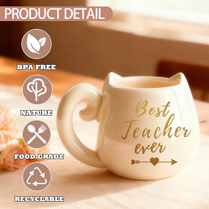 Best Teacher Ever Coffee Mug for Women，11 Oz Ceramic Cup with Exquisite Necklace for Retirement, Valentine's Day, Graduation, Christmas,Thank You Birthday End of Year