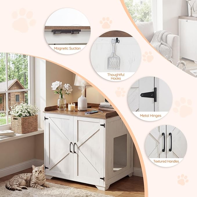 HOOBRO Automatic Litter Box Furniture for Large Capacity, Large Robotic Litter Box Cabinet with Charging Station and Hooks, Cat Litter Box Enclosure with Storage Top, White and Walnut WH89UMW01N2