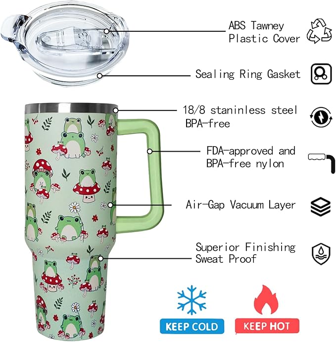 Ceovfoi 40 oz Frog Tumbler With Handle, Lid and Straw - Cute Green Kawaii Mushroom Gifts for Women, Decor, Accessories