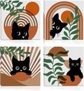 4 PCs Boho Cat Canvas Wall Art Framed Wall Decor, Botanical Wall Decor Bohemian Decor, Cat Lover Gifts, Cat Themed Gifts Art Prints Paintings, Cat Pictures Home Decor for Nursery Bedroom Farmhouse