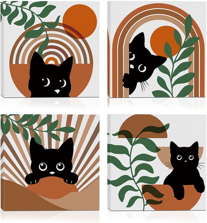 4 PCs Boho Cat Canvas Wall Art Framed Wall Decor, Botanical Wall Decor Bohemian Decor, Cat Lover Gifts, Cat Themed Gifts Art Prints Paintings, Cat Pictures Home Decor for Nursery Bedroom Farmhouse