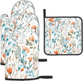 Teal Orange Watercolor Floral Oven Mitts and Pot Holders Sets of 3, Heat Resistant Non-Slip Washable, Chef Cooking Baking Gifts for Women Bakers, Burnt Orange Blue Green Flowers Charming Kitchen Decor