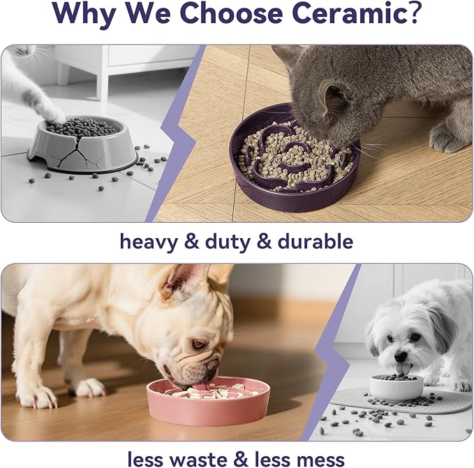 Ceramic Slow Feeder Dog Bowl - Feeding Dish for Fast Eaters - Maze Dog Bowl to Slow Down Eating - Ideal Food Control Dish for Small Breeds - 0.8 Cups (80g) - 6.3 Inch - Purple