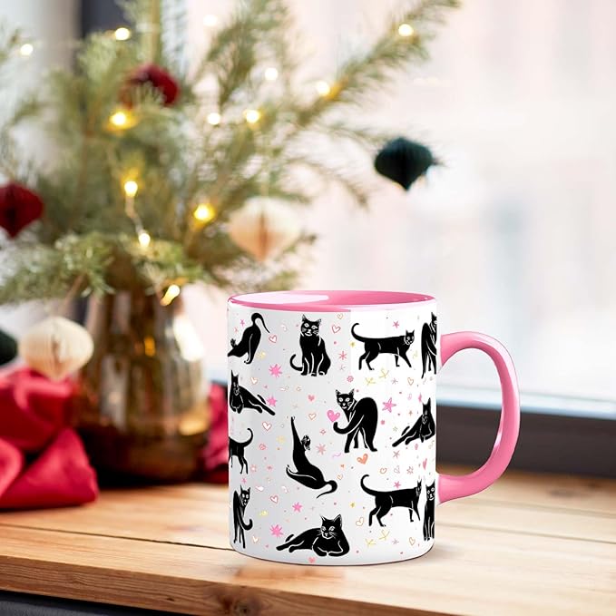 Black Cat Mug 11 Oz Cute Ceramic Coffee Tea Cup for Women, Funny Cats Lover Gift for Christmas, Birthday, Housewarming - Gifts for Her, Mom, Cat Ladies, Kids and Friends