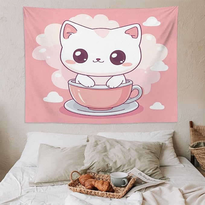 Tapestry Kawaii Cat Aesthetic Bedroom Tapestries Cat Lover Gifts Tapestry Wall Hanging Wall Hanging for Dorm Living Room Landscape 60"x80" Wall Hanging for Home Decor Bedroom Living Room Dorm Decor
